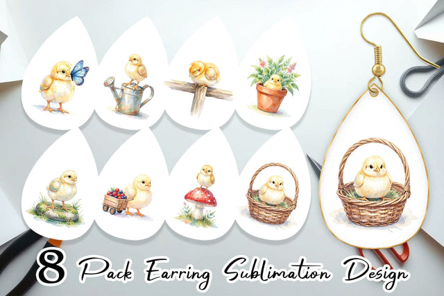 Earring Watercolor Rustic Garden Easter Chicks Sublimation artnoy 