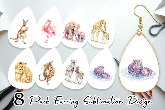 Earring Watercolor Safari Mom And Baby Animal Sublimation artnoy 