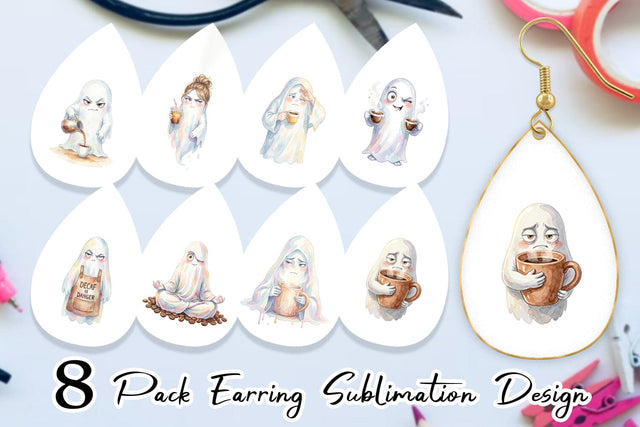 Earring Watercolor Sarcastic Morning Coffee Ghost Sublimation artnoy 