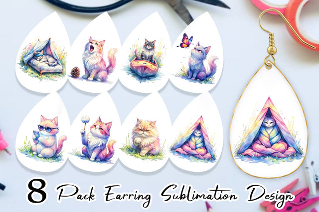 Earring Watercolor Sassy Sarcastic Camping Cat Sublimation artnoy 