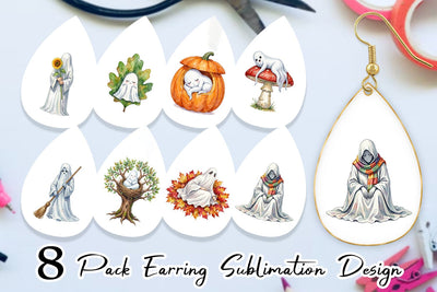 Earring Watercolor Sleepy Autumn Pumpkin Ghost Sublimation artnoy 