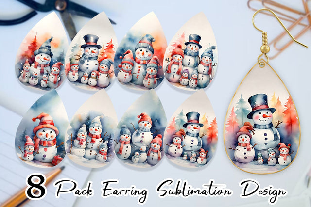 Earring Watercolor Snowman Family Sublimation artnoy 