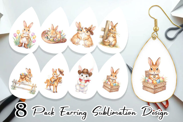 Earring Watercolor Western Cowboy Bunny Easter Sublimation artnoy 