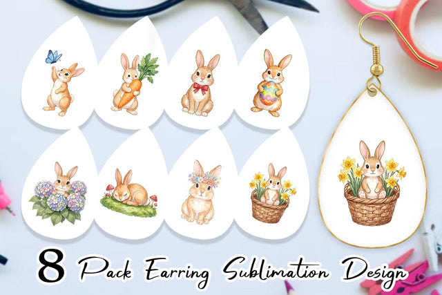 Earring Watercolor Whimsical Spring Bunny Art Sublimation artnoy 