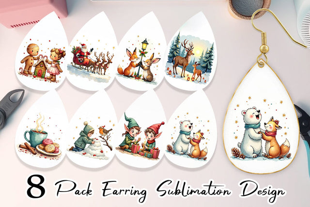 Earring Whimsical Watercolor Christmas Sublimation artnoy 