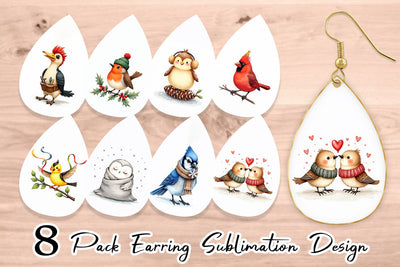 Earring Whimsical Winter Birds Watercolor Sublimation artnoy 