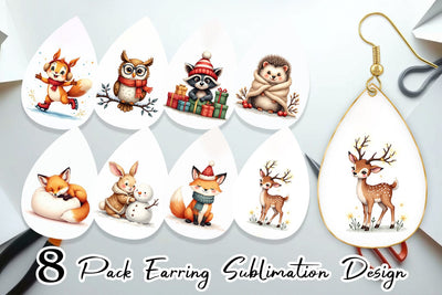 Earring Whimsical Winter Forest Friends Watercolor Sublimation artnoy 