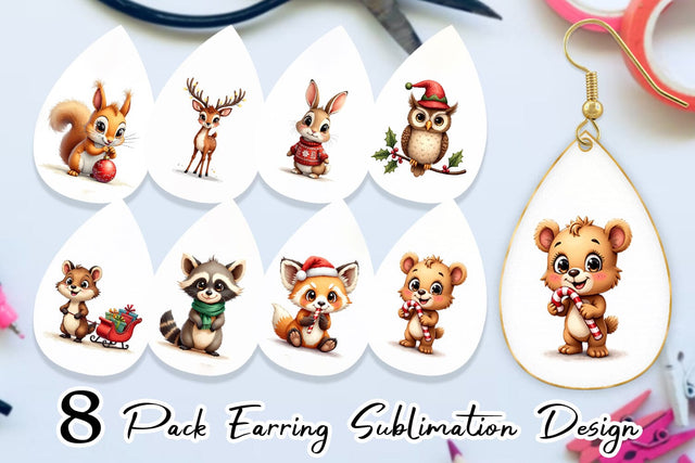 Earring Whimsical Woodland Christmas Vintage Watercolor Animals Sublimation artnoy 
