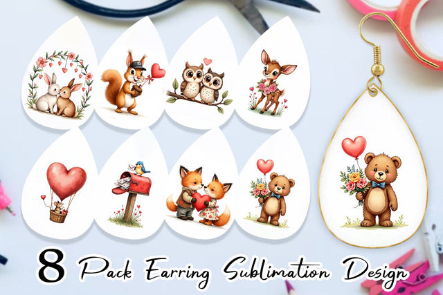 Earring Whimsical Woodland Valentine Watercolor Storybook Sublimation artnoy 