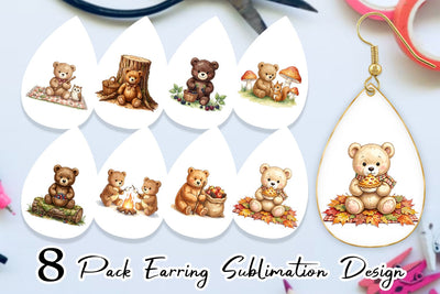 Earring Woodland Forest Teddy Bear Watercolor Sublimation artnoy 