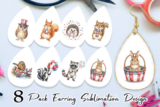 Earring Woodland Patriotic Animals Watercolor Sublimation artnoy 