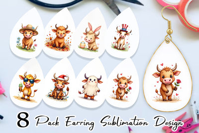 Earring Year-Round UglyCute Highland Cow Seasonal Watercolor Sublimation artnoy 