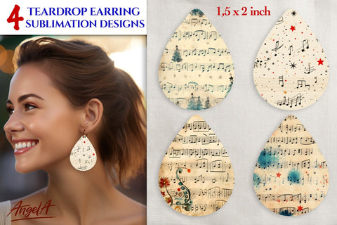 Earrings Christmas teardrop, music notes on old paper Sublimation Angelina Semenova 