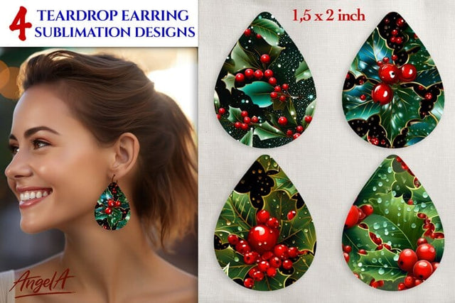 Earrings Floral Christmas sublimation teardrop Holly berries Sublimation Angelina Semenova 