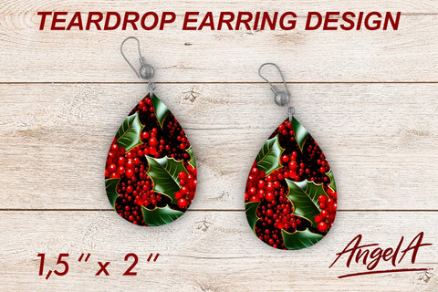 Earrings Floral Christmas sublimation teardrop Holly pattern Sublimation Angelina Semenova 