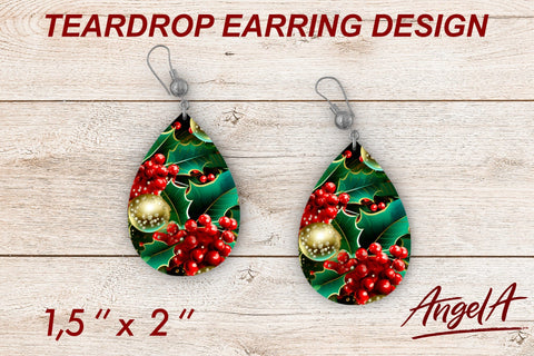 Earrings Floral Christmas sublimation teardrop Holly pattern Sublimation Angelina Semenova 