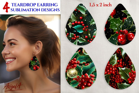 Earrings Floral Christmas sublimation teardrop Holly pattern Sublimation Angelina Semenova 
