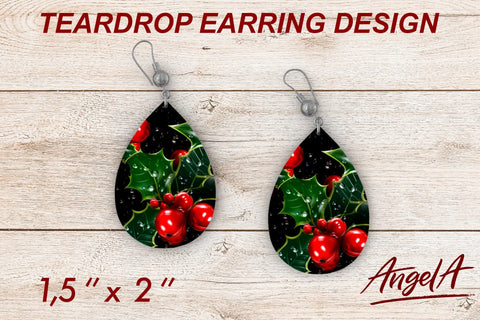 Earrings Floral Christmas sublimation teardrop Holly pattern Sublimation Angelina Semenova 