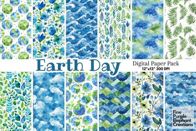 Earth Day Pattern Paper | Green Blue Planet Digital Pattern Fine Purple Elephant Creations 