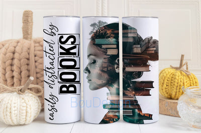 Easily Distracted By Books 20 oz Skinny Tumbler Sublimation Design Digital Download PNG Instant DIGITAL, Book Tumbler Wrap Sublimation BouDesign 