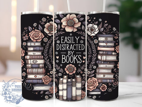 Easily Distracted by Books 20oz Skinny Tumbler, Book Lover Tumbler Png, Straight & Tapered Tumbler Wrap, Instant Digital Download Sublimation ToriDesigns 