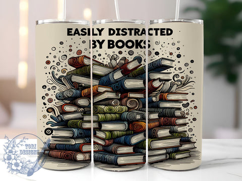 Easily Distracted by Books 20oz Skinny Tumbler, Book Lover Tumbler Png, Straight & Tapered Tumbler Wrap, Instant Digital Download Sublimation ToriDesigns 
