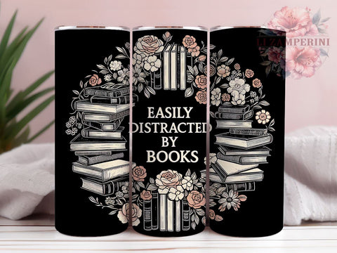 Easily Distracted by Books 20oz Tumbler Wrap PNG, Lover Librarian Boho Floral Tumbler Png, Straight & Tapered Tumbler Wrap, Instant Digital Download Sublimation Li Zamperini 