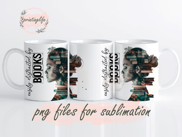 Easily Distracted By Books Mug Wrap Design, Instant Digital Design Download Mug Wrap Design, Mug Design PNG Sublimation PrintingLife 