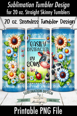 Easily Distracted By Cows Seamless 20 oz Sublimation Tumbler Wrap Sublimation Ewe-N-Me Designs 