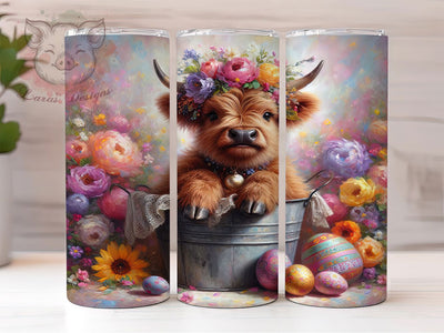 Easter Baby Highland Cow Tumbler, Cute Cow Easter Wrap, Festive Spring Cup, 20oz Sublimation Wrap, Easter Eggs Cow Tumbler, Adorable Farm Animal Cup, Easter Highland Cow Theme Wrap Sublimation Lara' s Designs 