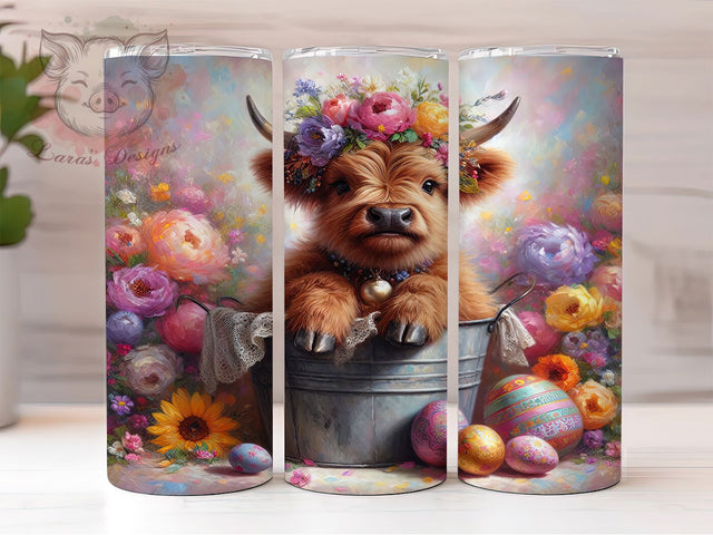 Easter Baby Highland Cow Tumbler, Cute Cow Easter Wrap, Festive Spring Cup, 20oz Sublimation Wrap, Easter Eggs Cow Tumbler, Adorable Farm Animal Cup, Easter Highland Cow Theme Wrap Sublimation Lara' s Designs 