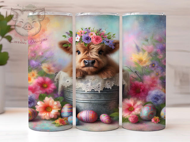 Easter Baby Highland Cow Tumbler, Cute Cow Easter Wrap, Festive Spring Cup, 20oz Sublimation Wrap, Easter Eggs Cow Tumbler, Adorable Farm Animal Cup, Easter Highland Cow Theme Wrap Sublimation Lara' s Designs 