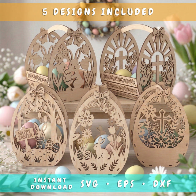 Easter Basket Laser SVG Bundle, 5 Laser Cut Easter Baskets, Egg Basket SVG, Easter Decor Laser Files - Glowforge Cricut SVG Dxf Eps SVG HappyDesignStudio 