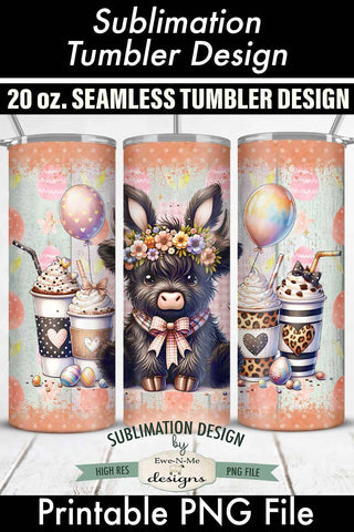 Easter Black Highland Cow with Coffee 20 oz Seamless Tumbler Sublimation Ewe-N-Me Designs 