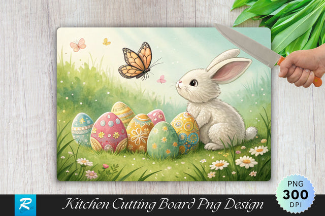 Easter Bunny and Butterfly with Easter Eggs Cutting Board PNG Design Sublimation Regulrcrative 