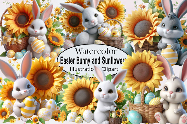 Easter Bunny and Sunflowers Clipart PNG Bundle Sublimation SVGArt 