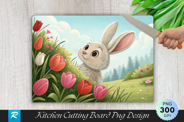 Easter Bunny and Tulips Cutting Board PNG Design Sublimation Regulrcrative 