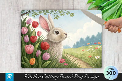 Easter Bunny and Tulips Cutting Board PNG Design Sublimation Regulrcrative 