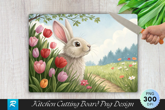 Easter Bunny and Tulips Cutting Board PNG Design Sublimation Regulrcrative 