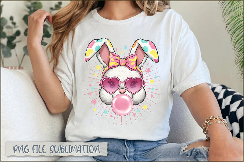 Easter Bunny blowing bubble gum Coquette PNG Sublimation Shetara Begum 