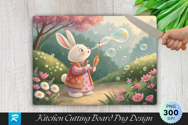 Easter Bunny Blowing Bubbles with a Carrot-Shaped Wand Cutting Board PNG Design Sublimation Regulrcrative 