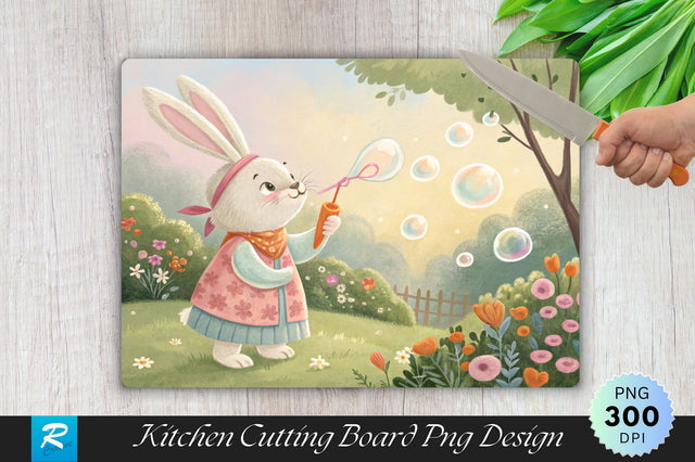 Easter Bunny Blowing Bubbles with a Carrot-Shaped Wand Cutting Board PNG Design Sublimation Regulrcrative 