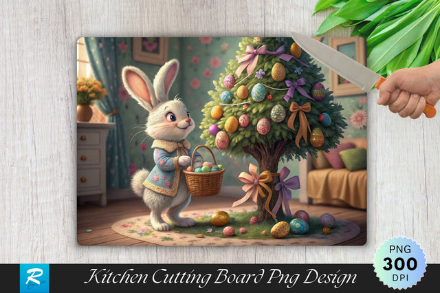 Easter Bunny by the Decorated Tree Cutting Board PNG Design Sublimation Regulrcrative 