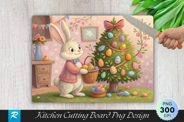 Easter Bunny by the Decorated Tree Cutting Board PNG Design Sublimation Regulrcrative 