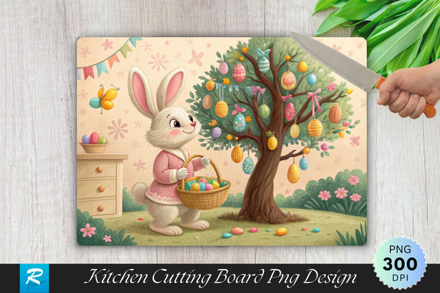 Easter Bunny by the Decorated Tree Cutting Board PNG Design Sublimation Regulrcrative 