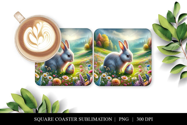 Easter Bunny Coaster Sublimation Design | Fantasy Square PNG Sublimation BijouBay 