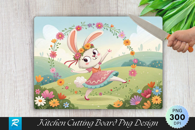 Easter Bunny Dancing on a Flower Circle Cutting Board PNG Design Sublimation Regulrcrative 