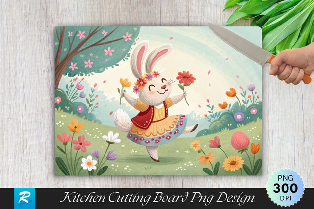 Easter Bunny Dancing on a Flower Circle Cutting Board PNG Design Sublimation Regulrcrative 