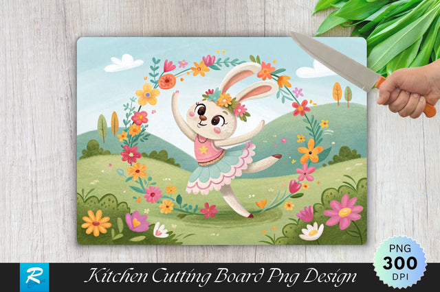 Easter Bunny Dancing on a Flower Circle Cutting Board PNG Design Sublimation Regulrcrative 