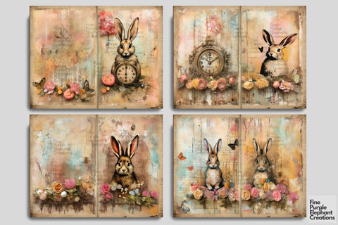 Easter Bunny Distressed Digital Junk Journal Double Pages | Spring Alice Digital Pattern Fine Purple Elephant Creations 